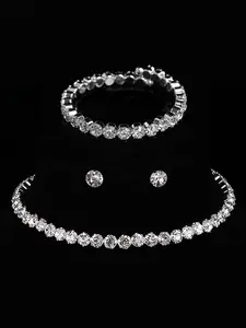 Classic three-piece circular rhinestone bracelet, earrings and necklace set, featuring a timeless tennis chain diamond arrangement. An elegant symbol that transcends time, gently embellishing wedding dresses and ideal for daily wear.