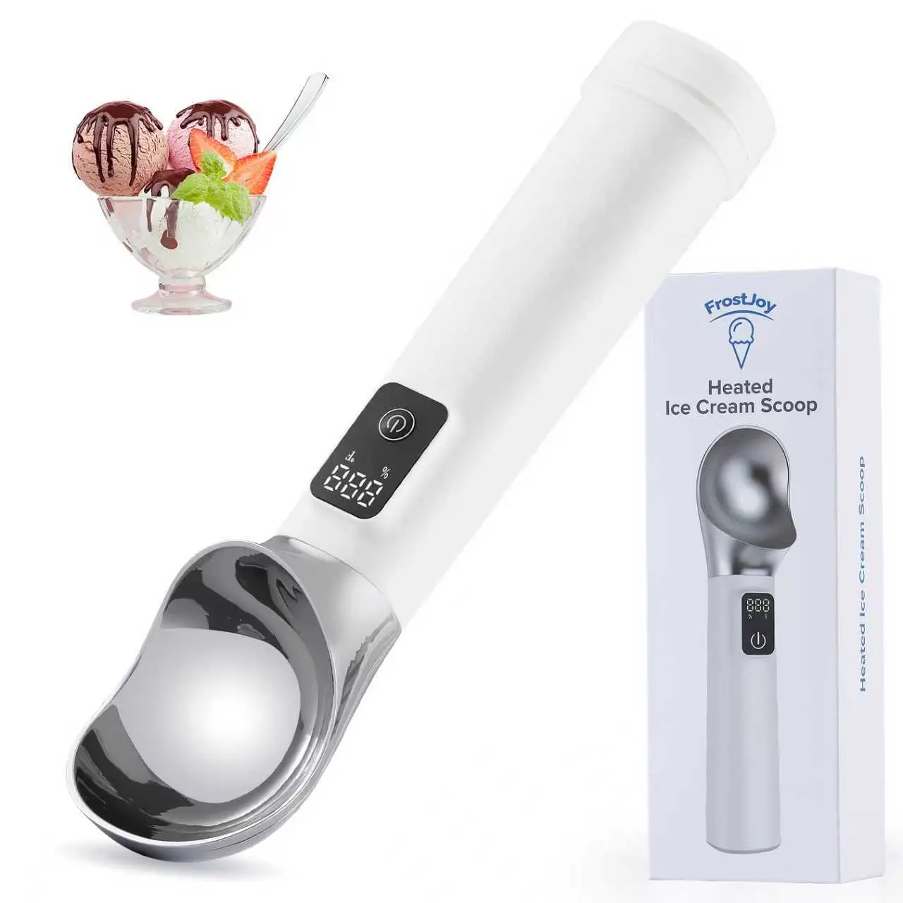 FrostJoy Modern Metal Electric Heated Ice Cream Scoop, Rechargeable Kitchenware Utensil with LED Digital Display, 10s Fast Heating, IP67 Waterproof, Portable Home Dessert Tool, Summer Holiday Gift