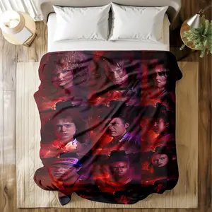 "Stranger Things" printed fleece blanket with dramatic red-toned character collage. Ultra-soft, durable, quick-dry, machine washable. Multiple sizes for bed, sofa, travel, camping, or office naps. Ideal gift for sci-fi and series fans.
