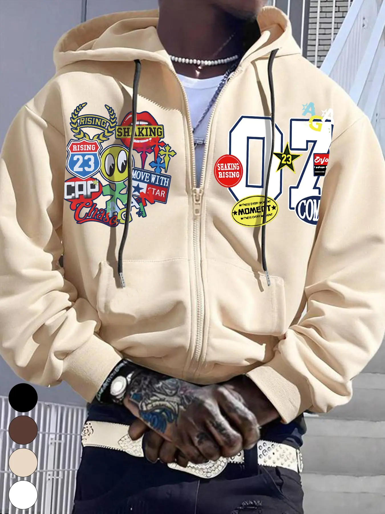 Street Style Loose Fit Hoodie with Zipper, Vintage Graphic Print, Unisex Casual Fashionable Outerwear Fall & Winter Wear, Couple's Essential Fashion, Knit Sweatshirt