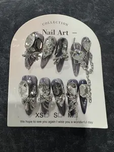 SIZE MEDIUM Y2K Press On Nails - Long Length with Diamond Accents, Easy Application & Removable Design for Everyday Wear Long Diamond nail sets