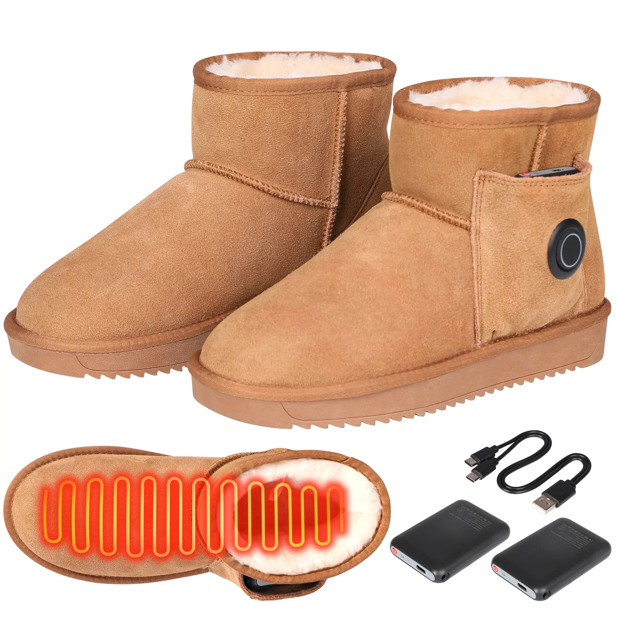 Women's Genuine Leather Heated Footwear - Unisex Fit Winter Snow Boots with 5000mAh Rechargeable Battery, Battery Level Display, Insulated Non-Slip Sole, Breathable Electric Fur for Indoor-Outdoor Use