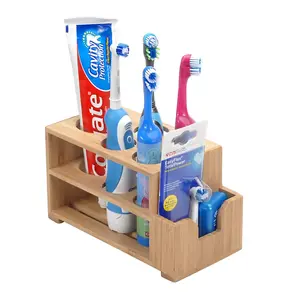 Enlarged Bamboo Electric Toothbrush & Toothpaste Holder | Multi-Slot Bathroom Vanity Organizer with Drainage