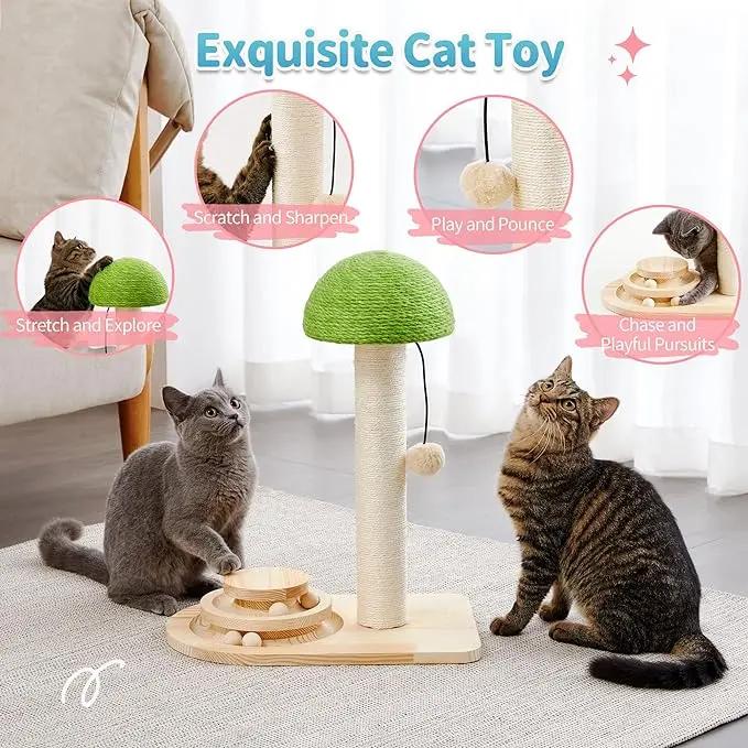 Cute Mushroom Cat Scratching Post, Natural Sisal Cat Scratcher with Hanging Pom-Pom Ball, Cat Activity Toy for Indoor Kittens