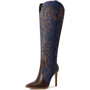 Women's Cowboy Boots Wide Calf Stiletto Knee High Fashion Pointed Toe Side Zipper High Heel Boots