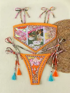 Scarf Print Halter Bikini, Fringe Tie-Back Resort Swimwear, Beach Vacation, Pool Party, Sand Photography, Hot Spring Bathing