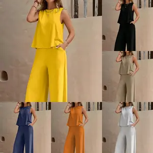Solid-Color Elegant Two-Piece Round-Neck Pullover and Wide-Leg Pants Women's Outfit
