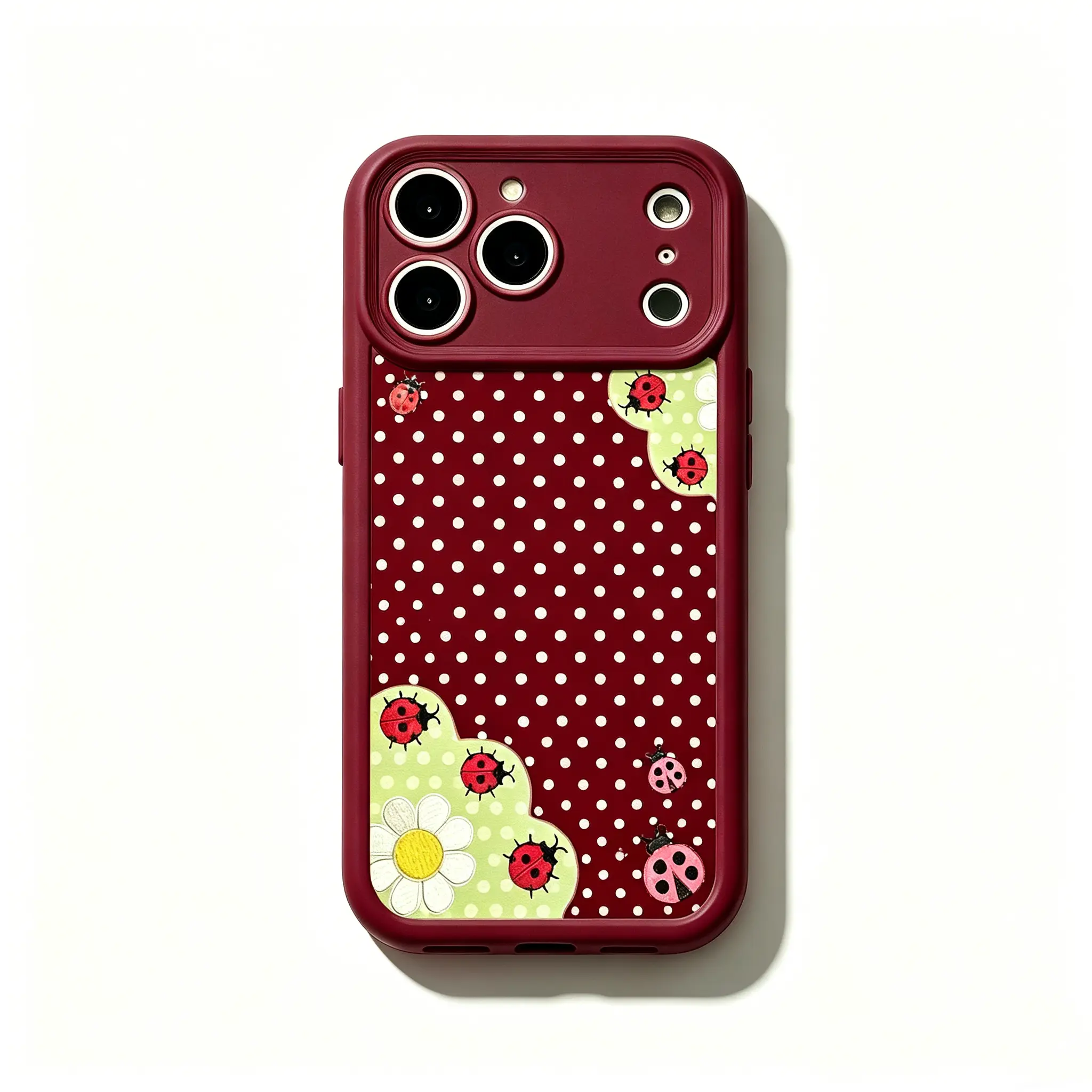 Whimsical Pink Ladybug Smartphone Case - Cute Cottagecore Garden Aesthetic, Patchwork Polka Dot Floral Design, Kawaii Cartoon Art, Soft Durable TPU Cover with Lens Protection, Compatible with iPhone Samsung Handheld Cellphone Devices, Ideal Gift for Her,