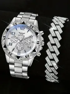 2counts-Men's Sporty Steel Strap Watch & Bracelet Set with Analog Quartz Movement, Steel Suitable for Christmas, Birthday Gifts for Him, Quartz Watch for Casual Attire, Casual Trendy Wristwatch, Wristwatch and Bracelet