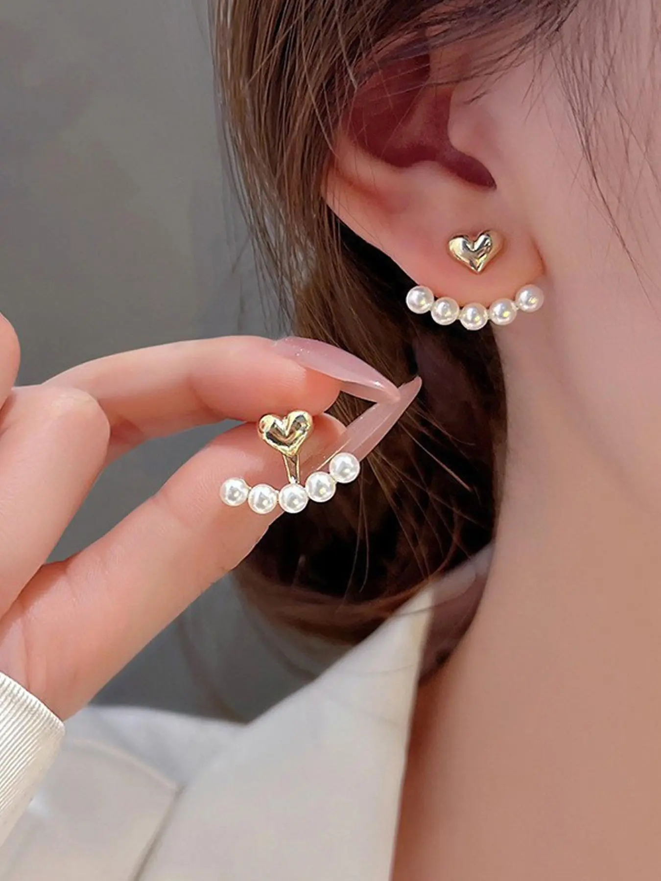 Women's Elegant Faux Pearl Heart-Shaped Earring Jacket, 1 Pair Chic Trendy Jewelry, Perfect Valentine's Day Gift for Girlfriend, Heart Shaped Earrings, Valentines Day Jewelry