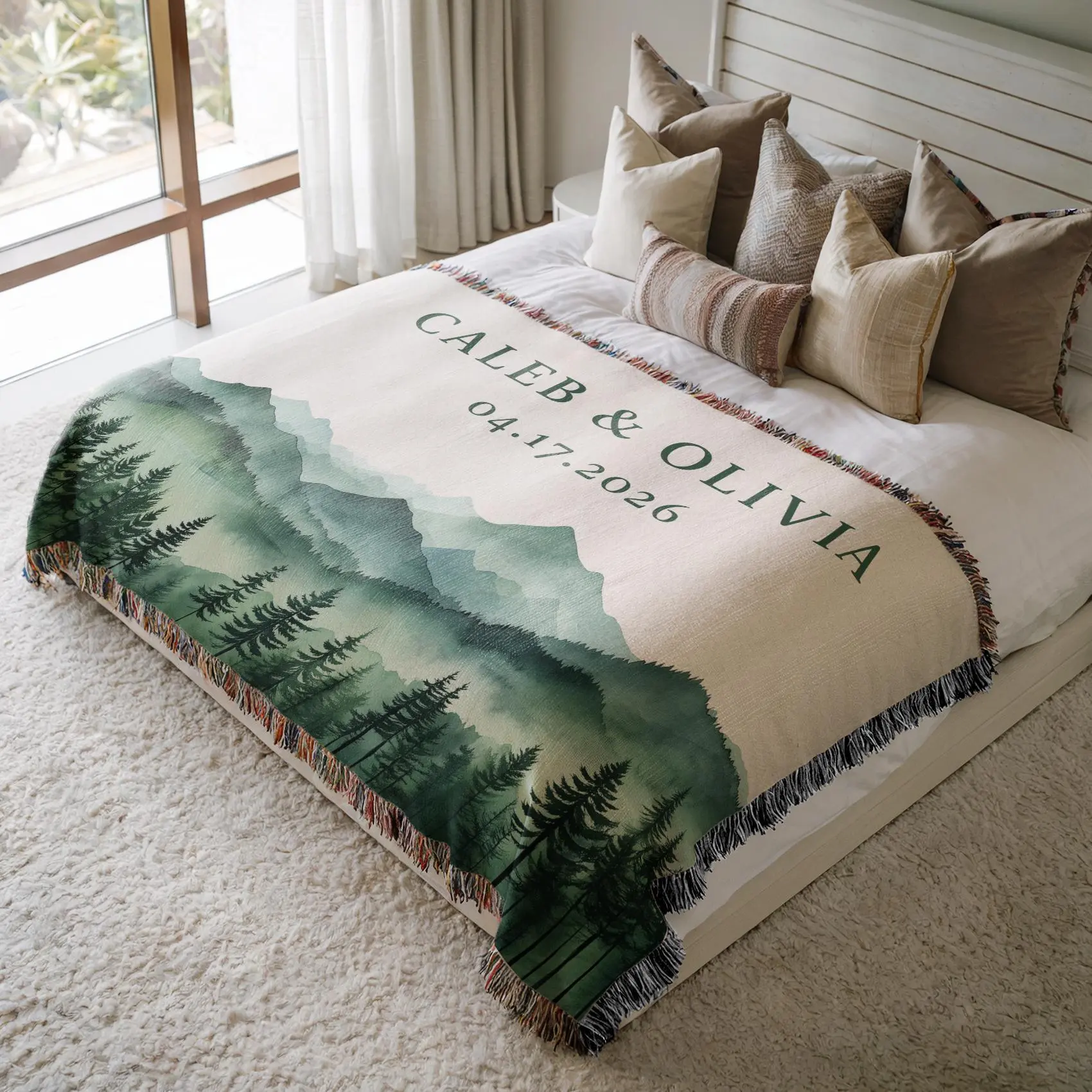 Custom Couples Woven Blanket Personalized Wedding Gift with Names and Date Mountain Forest Anniversary Throw for Newlyweds 100% Cotton