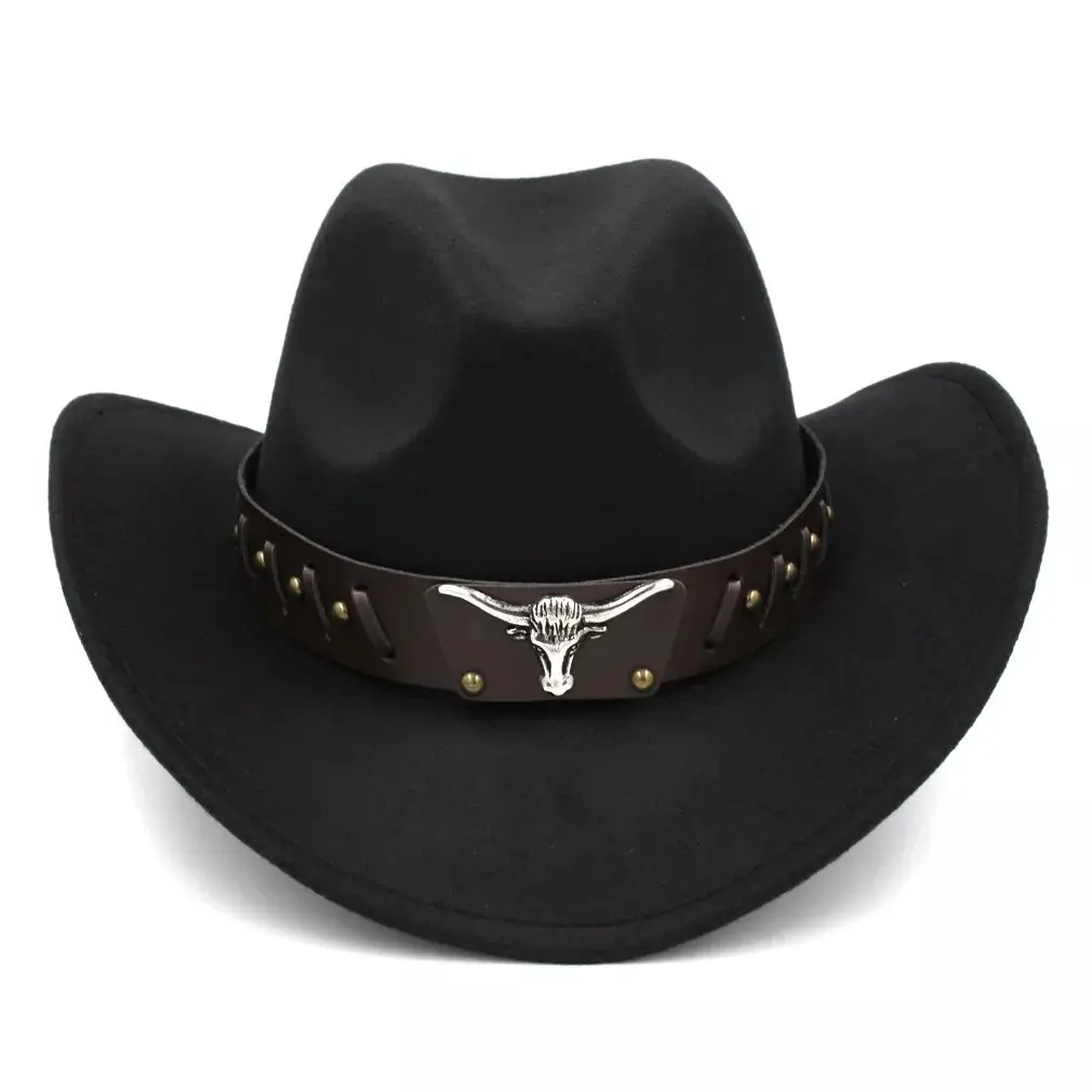 Unisex Western Cowboy Cowgirl Hat – Vintage Felt Wide Brim Rodeo Style with Bull Head Band – Retro Outback Cattleman Hat for Men & Women | Festival, Ranch, Costume, Country Concert, Horseback Riding, and Outdoor Fashion Accessory