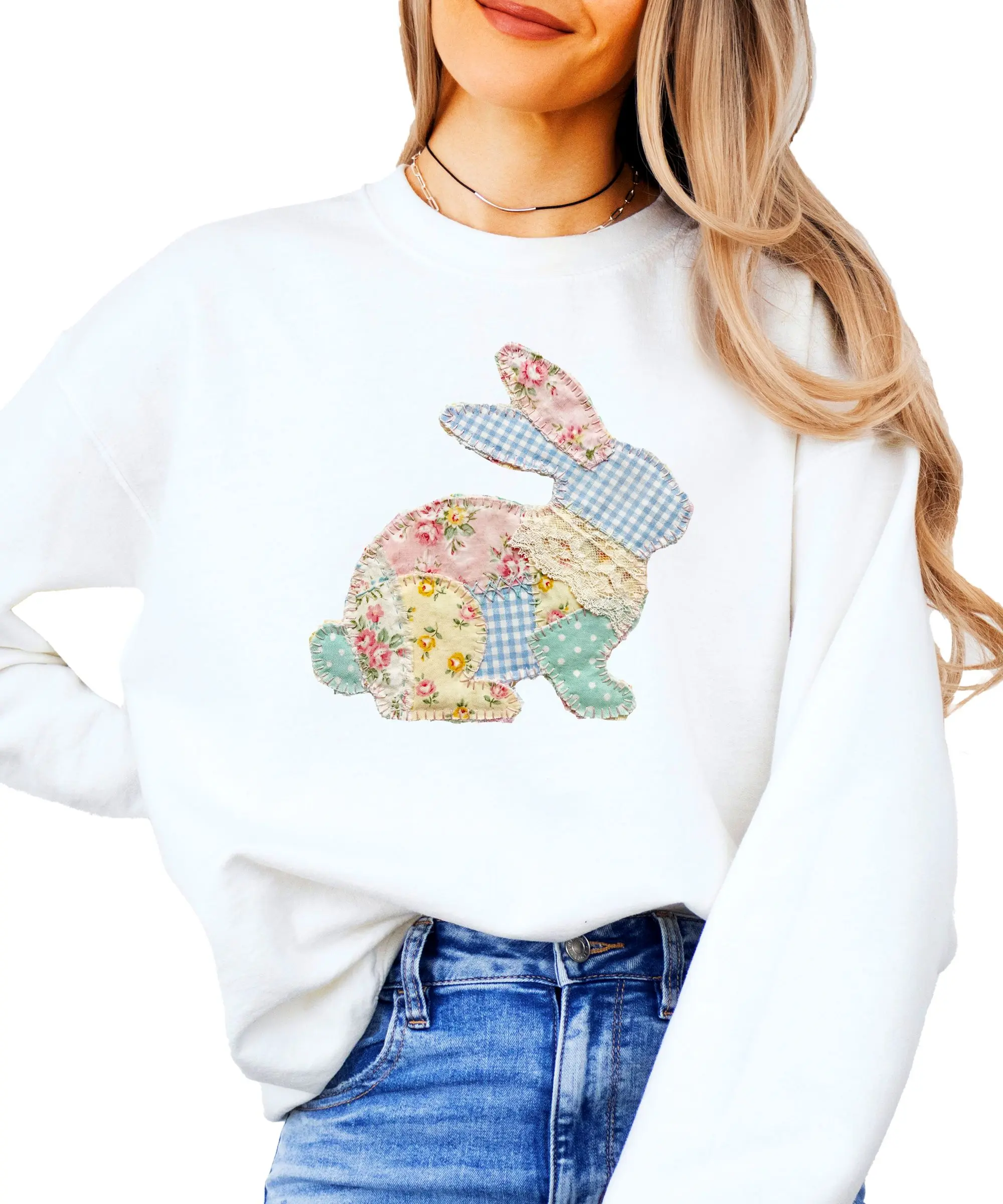 Olive Loves Apple Ink-Printed Floral Easter Bunny Quilt Patch Pullover for Women - Cottage Core Spring Holiday Sweatshirt - Gingham Rabbit