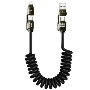 4-In-1 Spring Stretch Fast Charging Cable, 240w Dual USB PD to Type-C/iOS Interface, Maximum Extension 2m for Type-C and iOS Devices, Usb C Cables