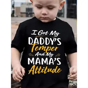 Boys Casual Letter Print T-Shirt- "I Got My Daddy's And Mama's Attitude" Fun Pattern Short Sleeve Top, Soft, Machine Washable, Suitable for Spring, Summer, Autumn, Boys T-Shirt