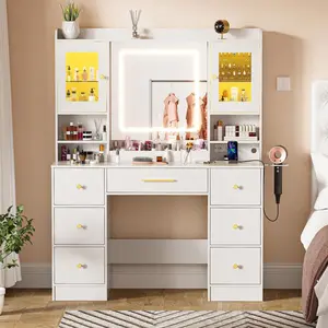 Makeup Vanity Desk With Mirror And Lights - White Large Vanity Desk With Drawers & LED Jewelry Cabinet, Charging Station, Dressing Table For Bedroom