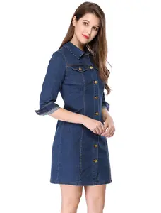 INSPIRE CHIC 3/4 Sleeve Button Down Denim Shirt Dress