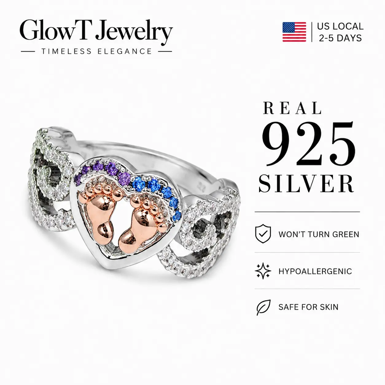 925 Sterling Silver Baby Feet Heart Ring | New Mom Keepsake Jewelry with Purple & Blue Accents | Sentimental Footprint Ring for New Mothers & Expecting Moms