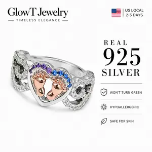 925 Sterling Silver Baby Feet Heart Ring | New Mom Keepsake Jewelry with Purple & Blue Accents | Sentimental Footprint Ring for New Mothers & Expecting Moms