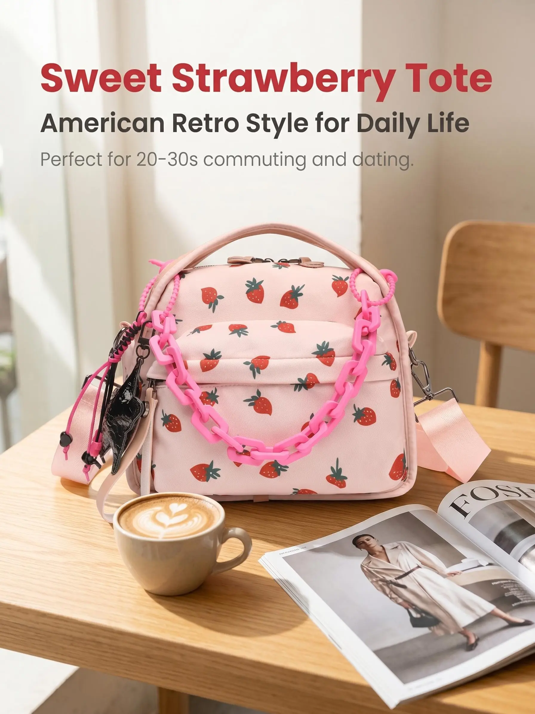 WDX strawberry print cute bag, purse items, Little Curve tote bag, small handbag (11 × 5.1 × 11 inches), city bag, crossbody bags for women, everyday purse, work bags, trendy purse for 2026, tote bag for school, cute shoulder bags, fashionable zippered ba