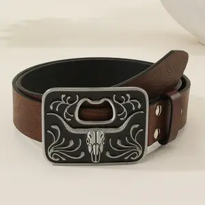 Bottle Opener Belt Western Bull Skull Buckle Belt with Bottle Opener Function
