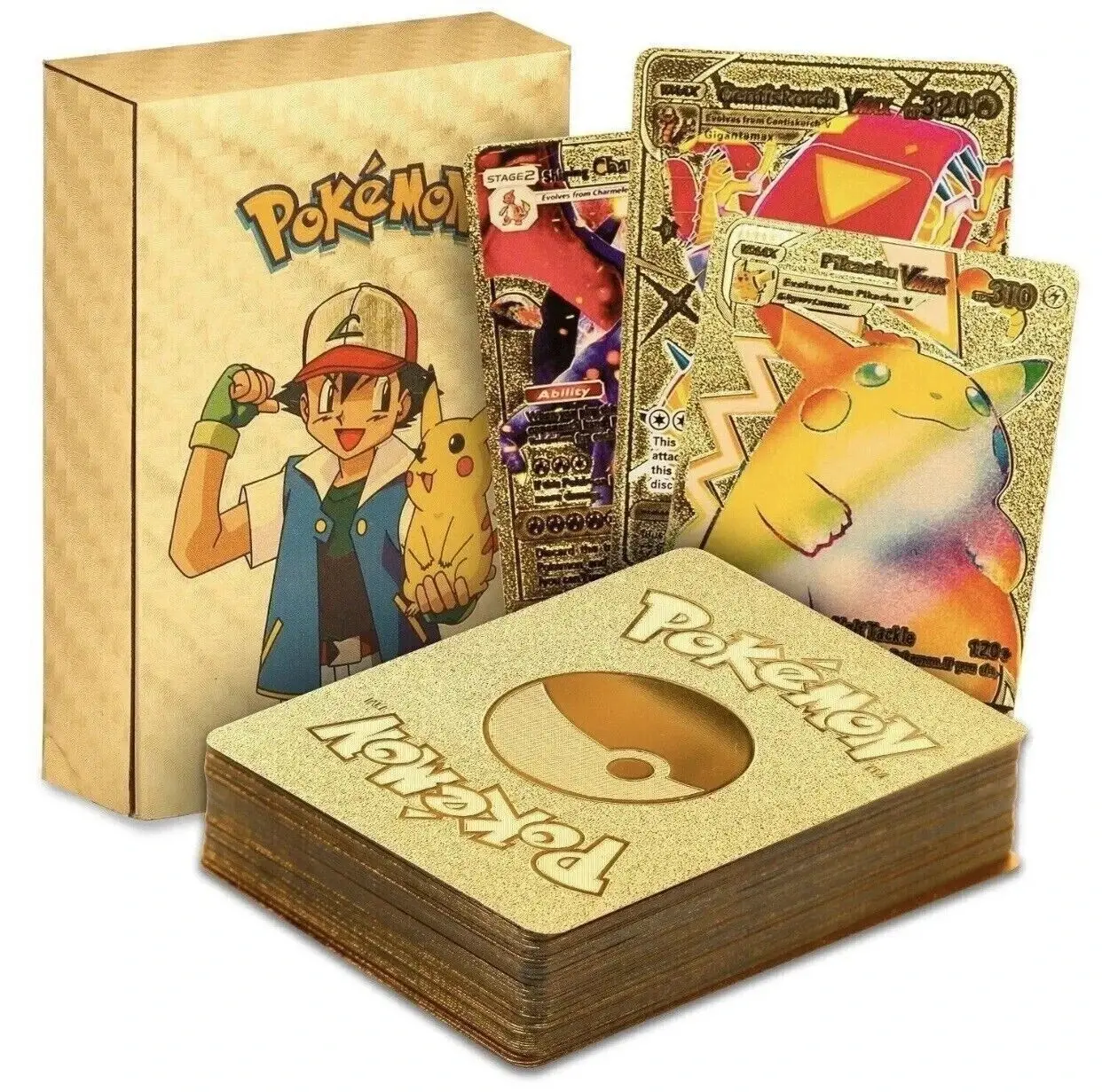 55Pcs Pokemon Card Foil GOLD PACK CARDS TCG GX Vmax GX Card Charizard Rare