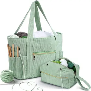 2 Pcs Crochet Bag and Tote Set Corduroy Yarn Bag Crochet Tote Bag for Crochet Hooks Organizer Yarn Holder for Crochet Lovers Knitting Bag Crochet Accessories(Green)