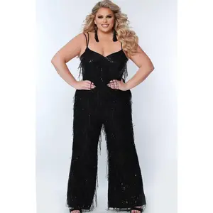 Plus Size Black Sequin Fringe Jumpsuit