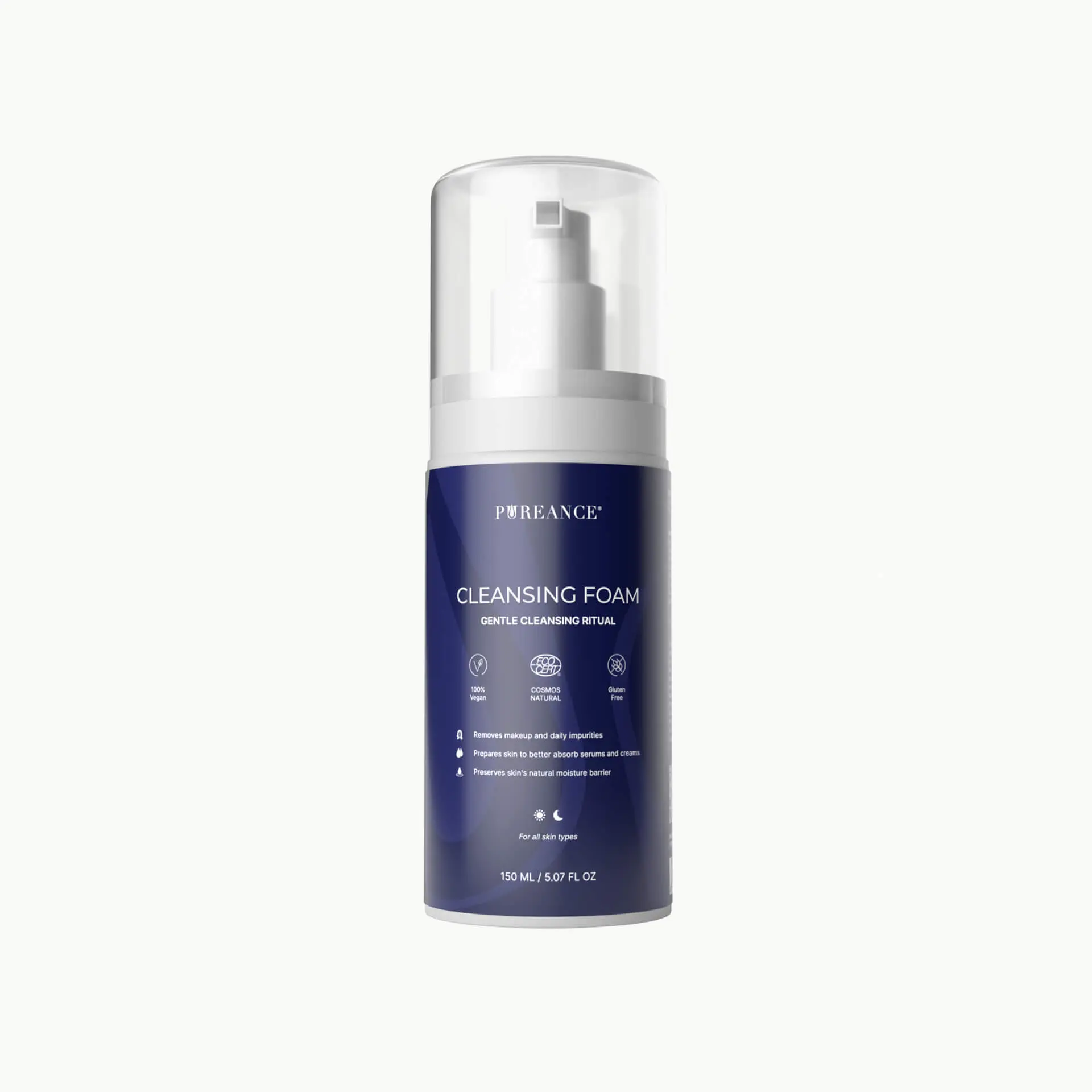 PUREANCE Gentle Cleansing Foam, pH-Balanced Hydrating Wash for Sensitive & All Skin Types, with Organic Rose & Calendula for Soothing Moisture, 150ml, Cleanser, Facial, Bottle, Adults, Cruelty Free, Organic Botanicals, Draws Moisture, Single Item, 24 Mont