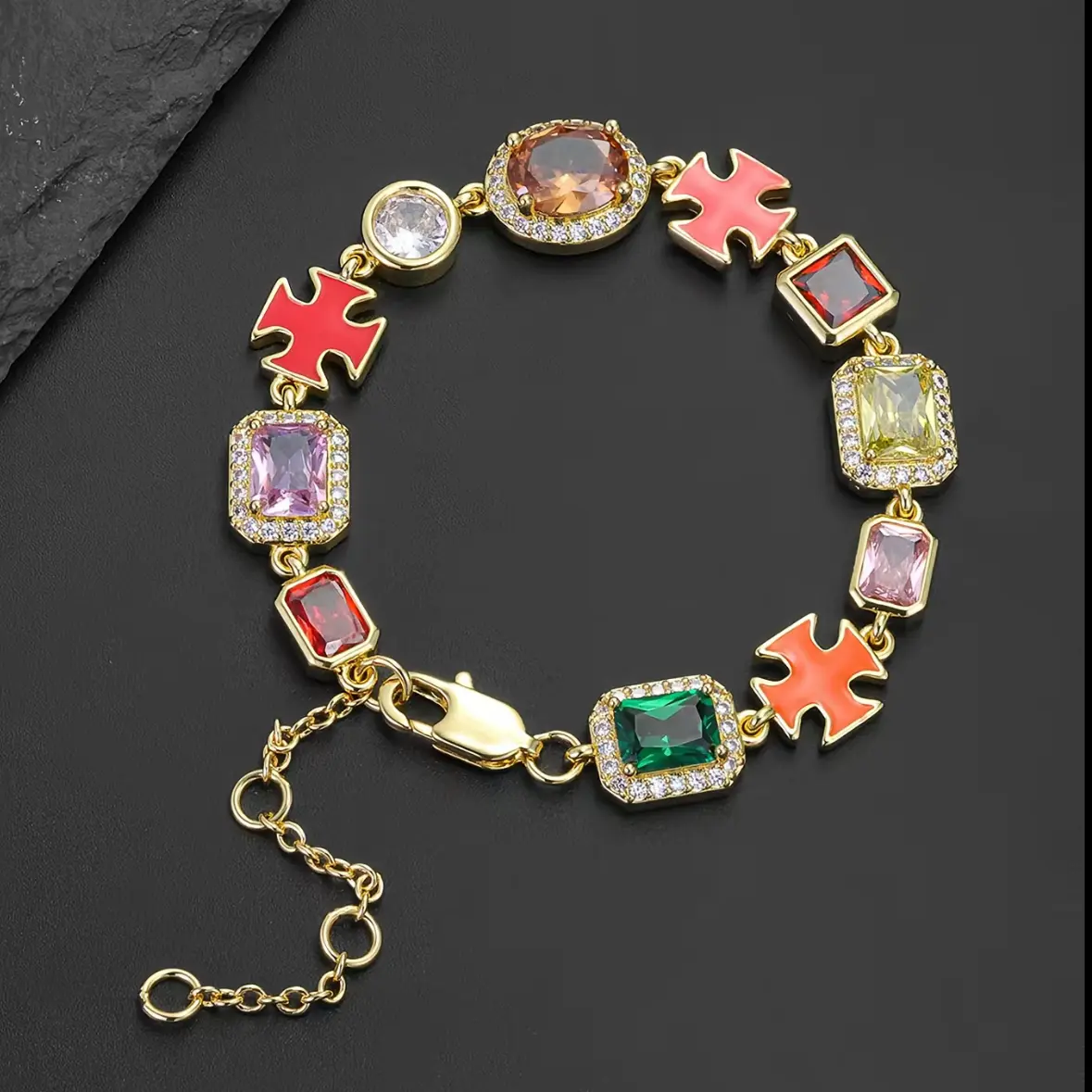 QUEENDO Cross Drip Oil Colored Cubic Zirconia Copper Chain Bracelet,Geometric Cube Design Hip-Hop style Bracelet,gift for party and special occasions ,fashion bracelet