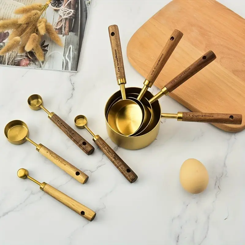 8pcs Multi-Size Golden Stainless Steel Kitchen Measuring Cup/Spoon Set, Aromatic Natural Wood Handles (Feels Secure), Durable Nesting Utensils with Engraved Marks, Includes Spice Spoon & Coffee Scoop (1/2 Cup-125ml, US/Metric)