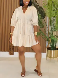 Women's V Neck Layered Ruffle Dress, Casual Loose Fit Seven-Quarter Sleeve A-Line Skirt, Pure Color Fold Design Short Dress, Spring