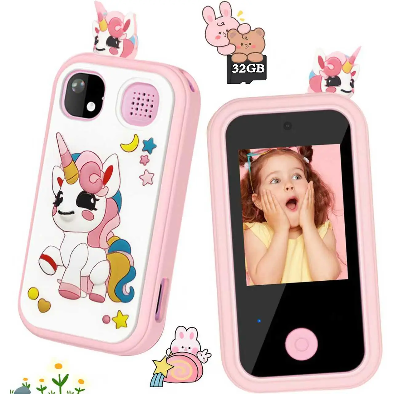 Interactive Unicorn Kids' Toy Phone - 2.8-Inch Touch Screen, 1080P HD Video, Music Player, Video Games, 32GB Memory Card, Built-In Battery, S3 Learning Educational Toy for 3-12 Yrs, Ideal Easter/Birthday Gift