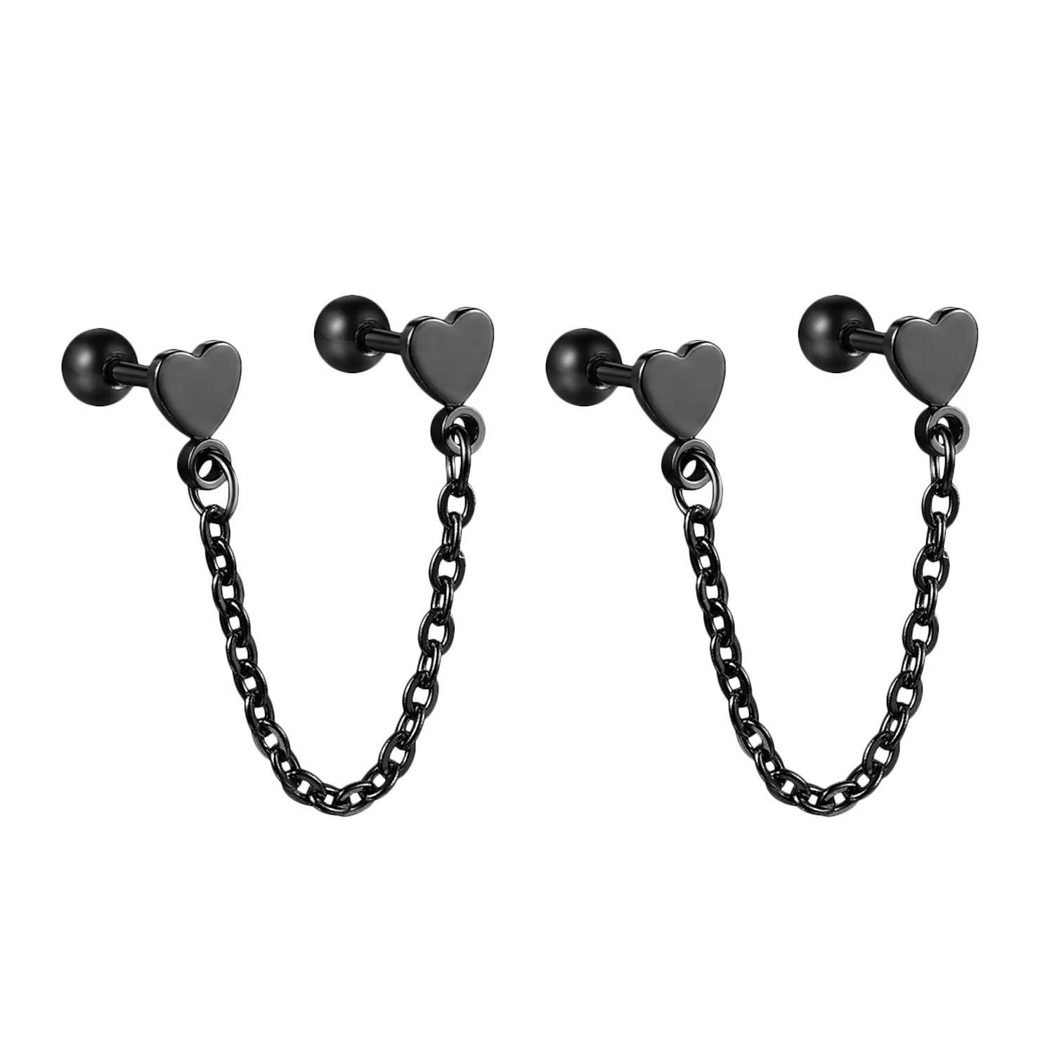 OIDEA Double Piercing Studs for Women, Dainty Layered Ear Styling Jewelry with 1.65 in Connecting Chain, Romantic Birthday Valentine Gift, Earrings For Women, Romance, Stainless Steel, 1.65" Chain, Heart Chain Accent Earrings