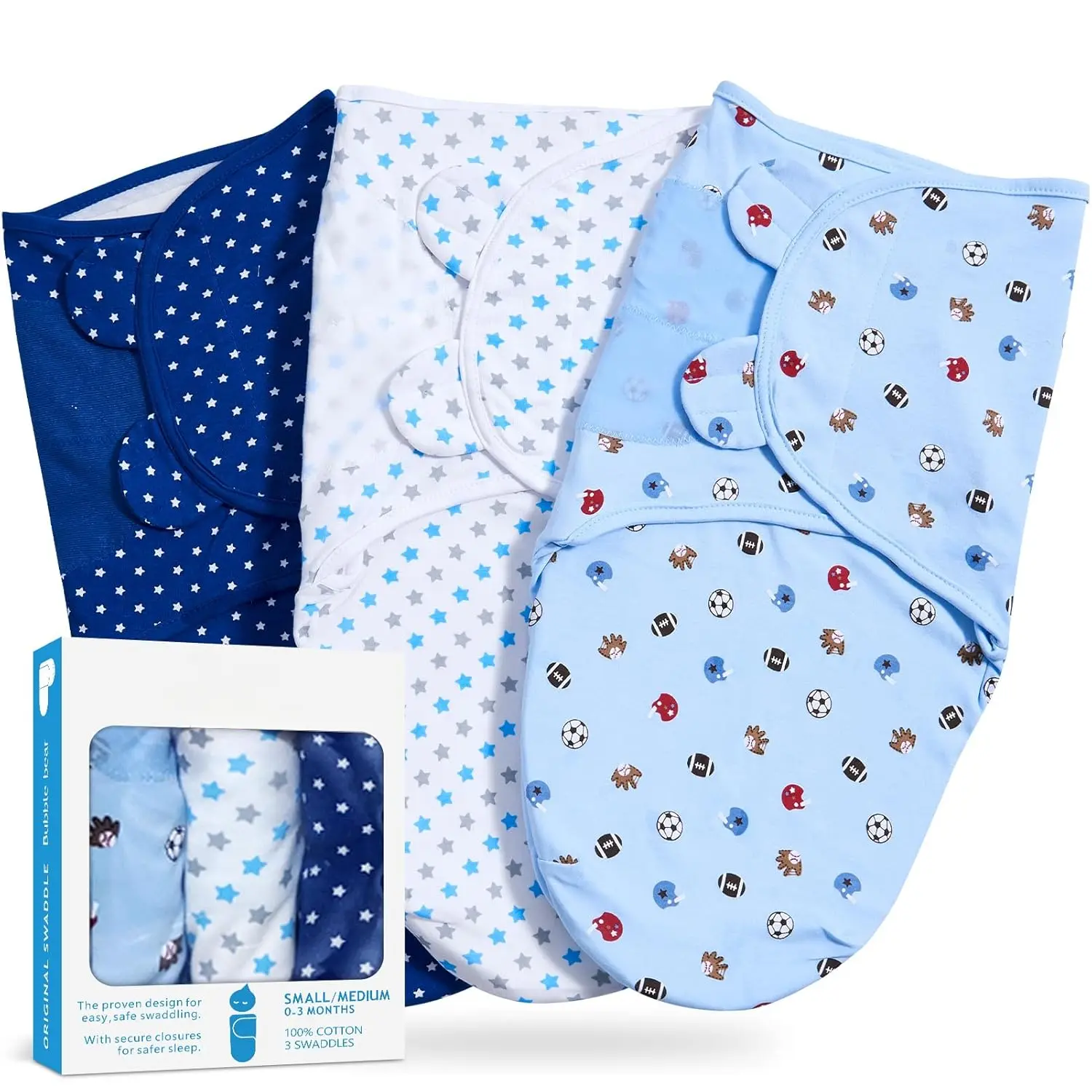 Bubble Bear 3-piece baby swaddle set, suitable for 0-3 month old infants, adjustable newborn swaddle blanket, suitable for baby boys and girls, blue sleeping bag-style wrap