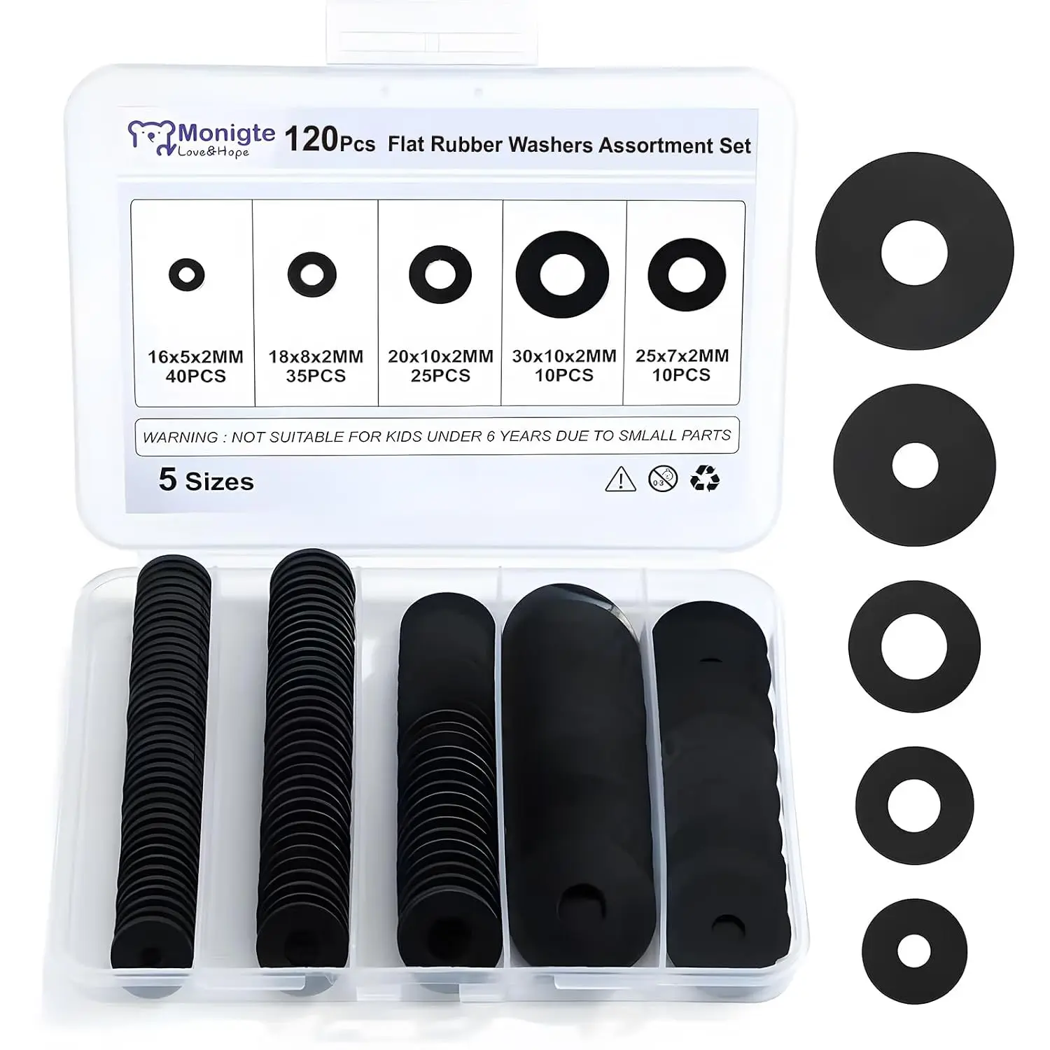 120Pcs Assorted Size Flat Black Rubber Washers Boxed Set - 16/18/20/25/30mm Vibration Sealing Pads for Faucets, Plumbing Shower Heads
