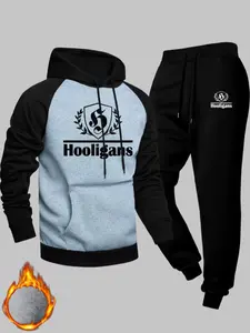 Men's Casual Sporty Hooded Sweatshirt Set, Hooligans Logo, Two-Piece Patchwork Design, Fitted Style, Fall & Winter Fashion