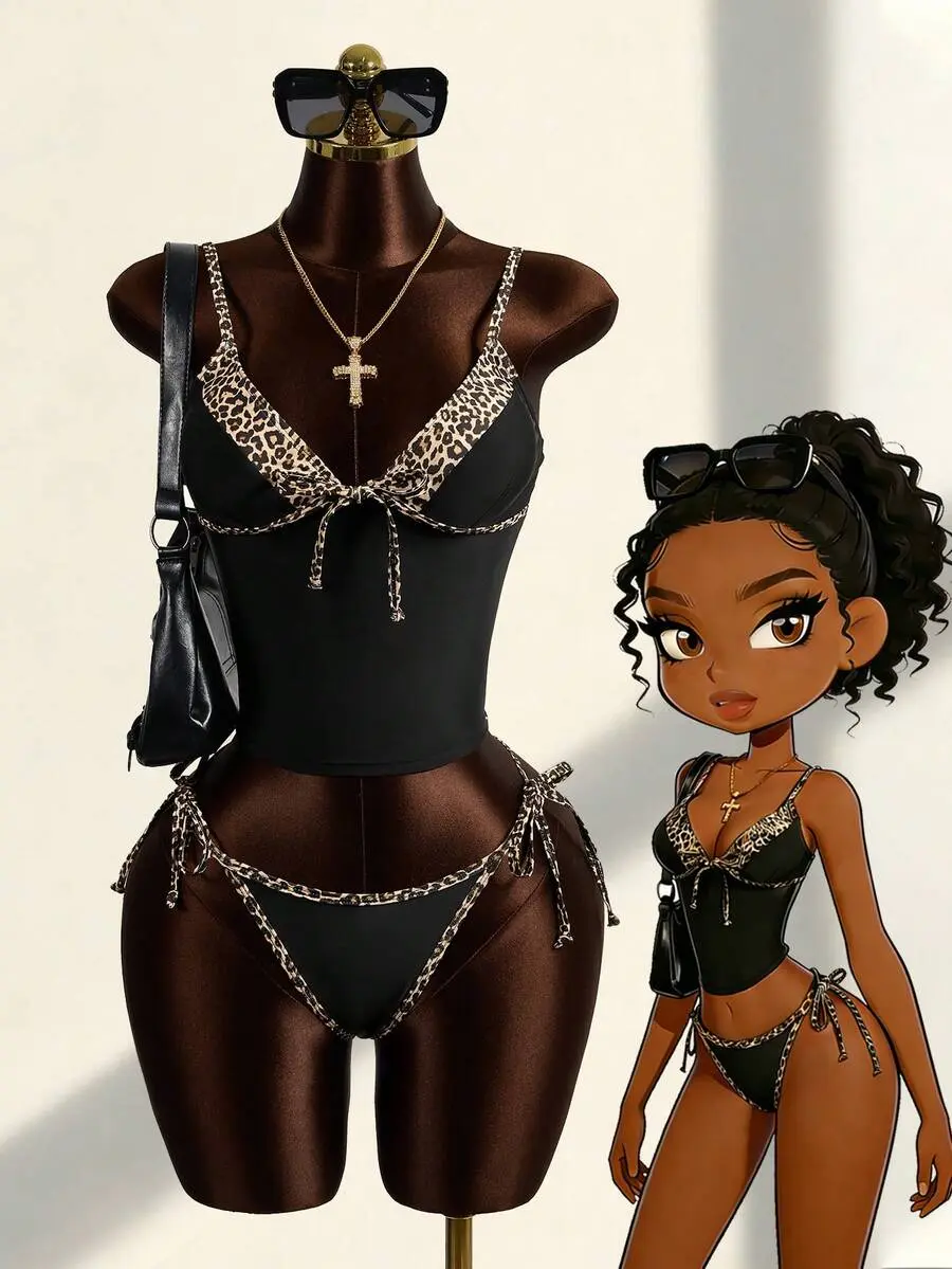 Women's Leopard Print Lace-Up Spaghetti Strap Tankini Swimwear Set