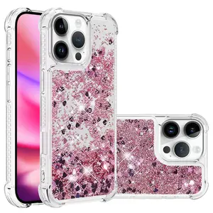 Heart Glitter Transparent Sand Shockproof Phone Case for iPhone 17-11 Pro Max Plus, Anti-Drop Corner Protection, Sparkling Women's Cover, Shockproof Protector