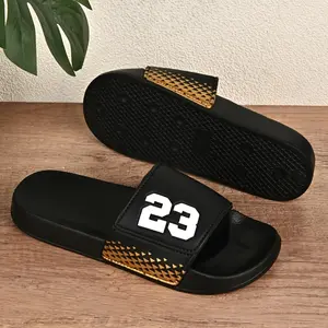 Men's Lightweight Breathable Slides - Stylish Red & Black Geometric Number 23 Design, Durable Non-Slip EVA Sole, Comfortable Indoor/Outdoor Beach Sandals, Size 7-14, Beach Shoes