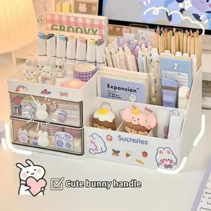 Desktop Cosmetic Storage Box Organizer Drawer Office Storage Rack Stationery Desk Pen Holder Bunny Drawer Organizer Cute Kawaii Plastic Korean