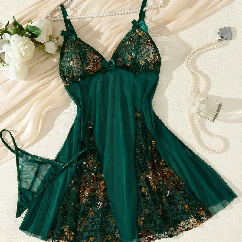 Sexy women's translucent nightdress, sexy embroidered floral bow sleeveless Spaghetti Strap nightdress Nightwear Nightwear Outfit Nightdress Sleepwear
