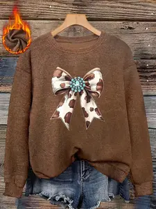 Women's Cow Pattern Bowknot Graphic Printed Sweater, Soft Comfortable Fitted Cute Casual Top, Fall & Winter Round Neck Faux Fur Knitwear, Long Sleeve Knitted Tops