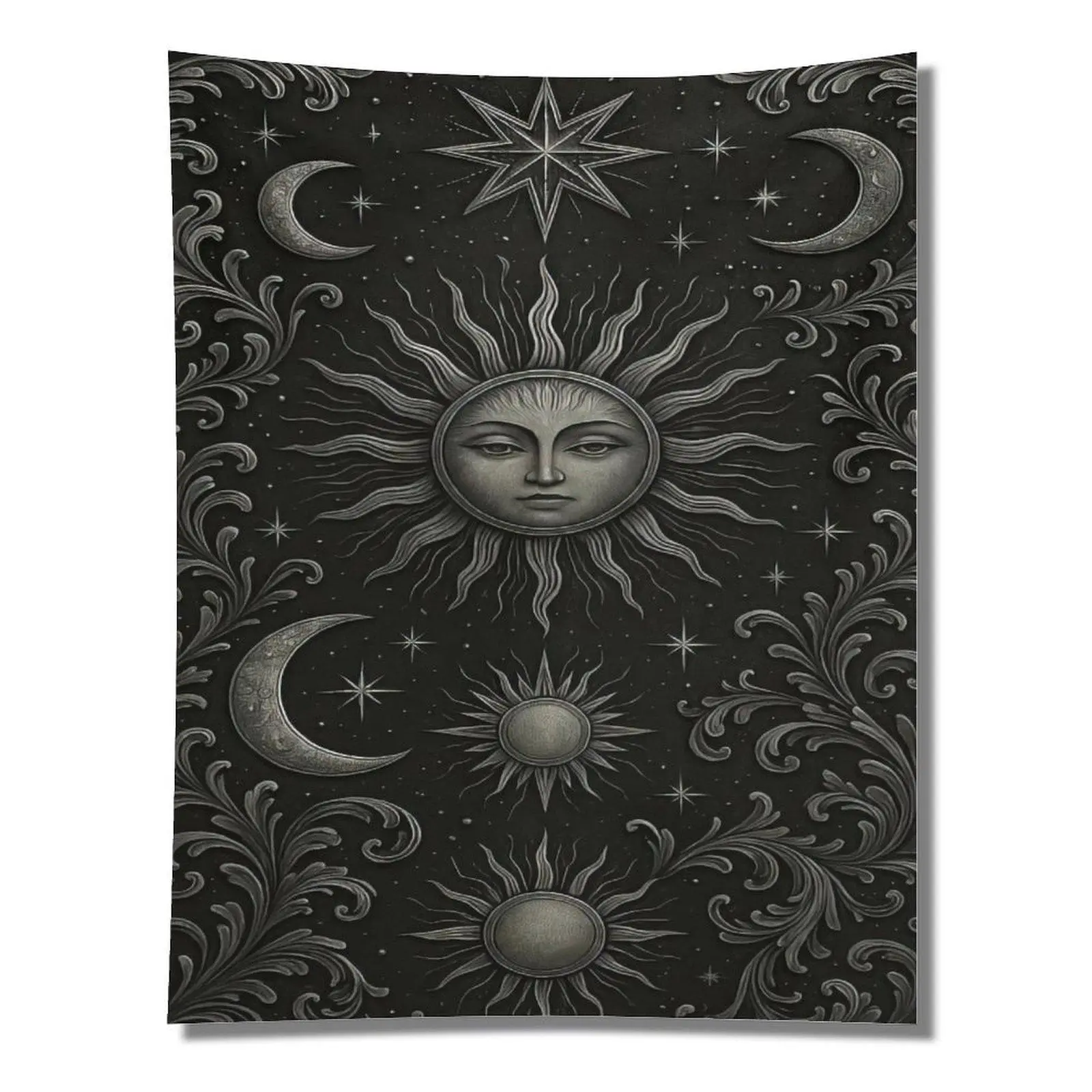 Dark Vintage Engraved Sun Moon Star Celestial Baroque Relief Wall Tapestry Wall Hanging, Witchy Mystic Gothic Bedroom Decor Backdrop