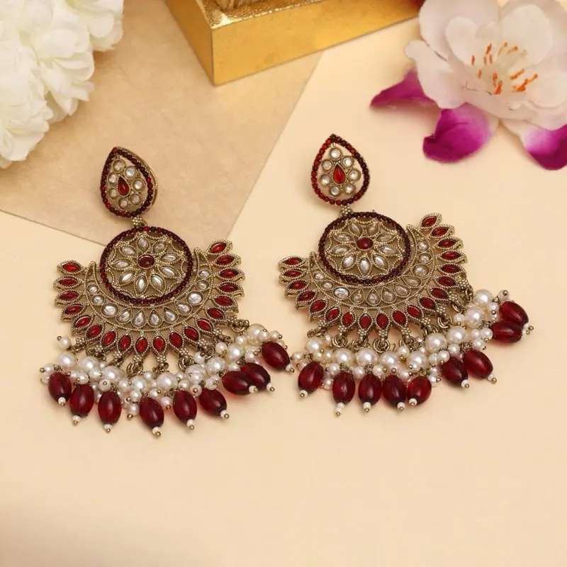 Maroon Maharani chandbali earrings gold plated