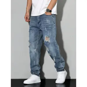 Men’s ripped denim jeans, fashionable street style, suitable for all seasons, stylish hole design, comfortable fit, loose fit, fashionable menswear GARMENTARY