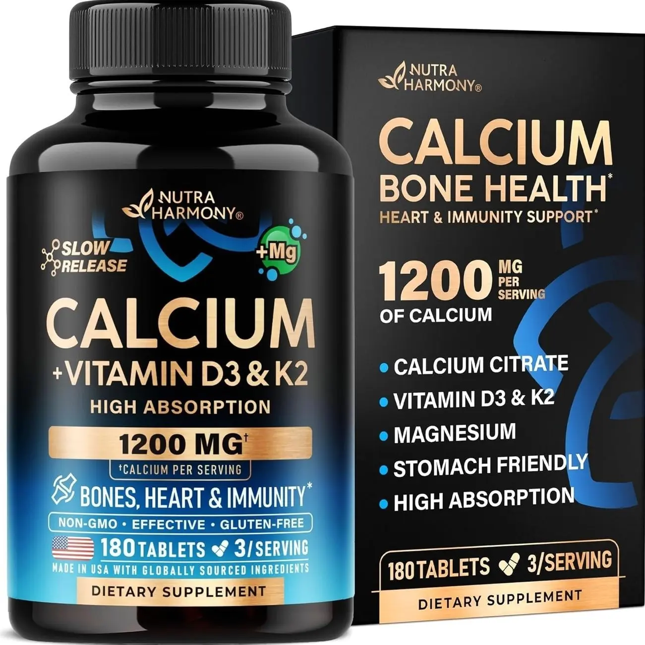 Calcium 1200mg + Vitamin D3 - Calcium Citrate for Women & Men - 180 Tabs | Calcium Supplement for Bone Health, Strength & Density - High Absorption & Slow Release - Lab Tested