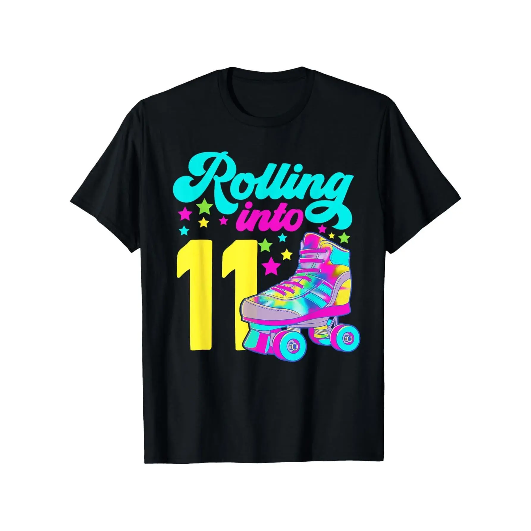 [100% Cotton] 100% Cotton Adult's 11th Birthday Roller Skate T-Shirt - 100% Cotton Black with Neon Roller Skates & Number 11 Print, S-XXXL Sizes for & Parties, Casual Wear & Roller Derby Outfits