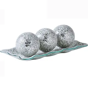 12.4” Mosaic Glass Decorative Tray Dish with 3 Pcs 3" Decorative Orbs Balls Sphere Decor for Living Room or Dining Table Coffee Table Plates Set