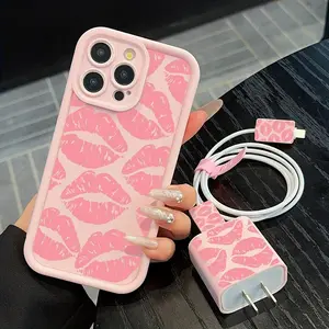 5 Piece iPhone Case Set: Cute Heart Shape Phone Case, Charger & Data Cable Protectors, Silicone Cable Tie for iPhone 11 to 15 Series